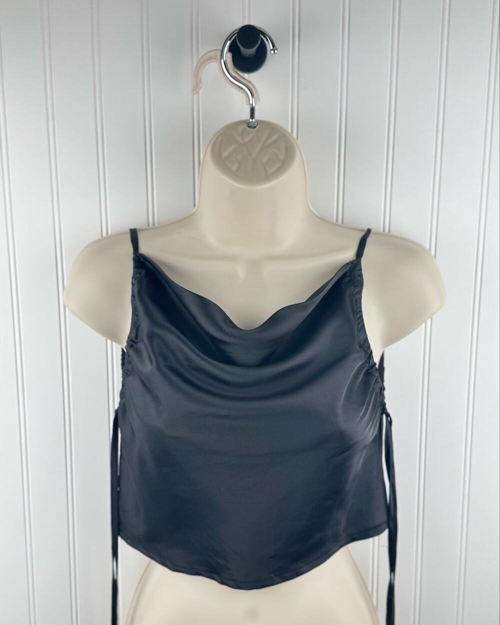 Princess Polly Black Satin Cowl Neck Ruched Tie Side Crop Cami Top US 2 XXS